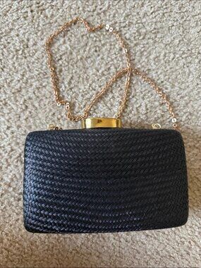 Kayu Woven Black Evening Clutch with Gold Chain Strap